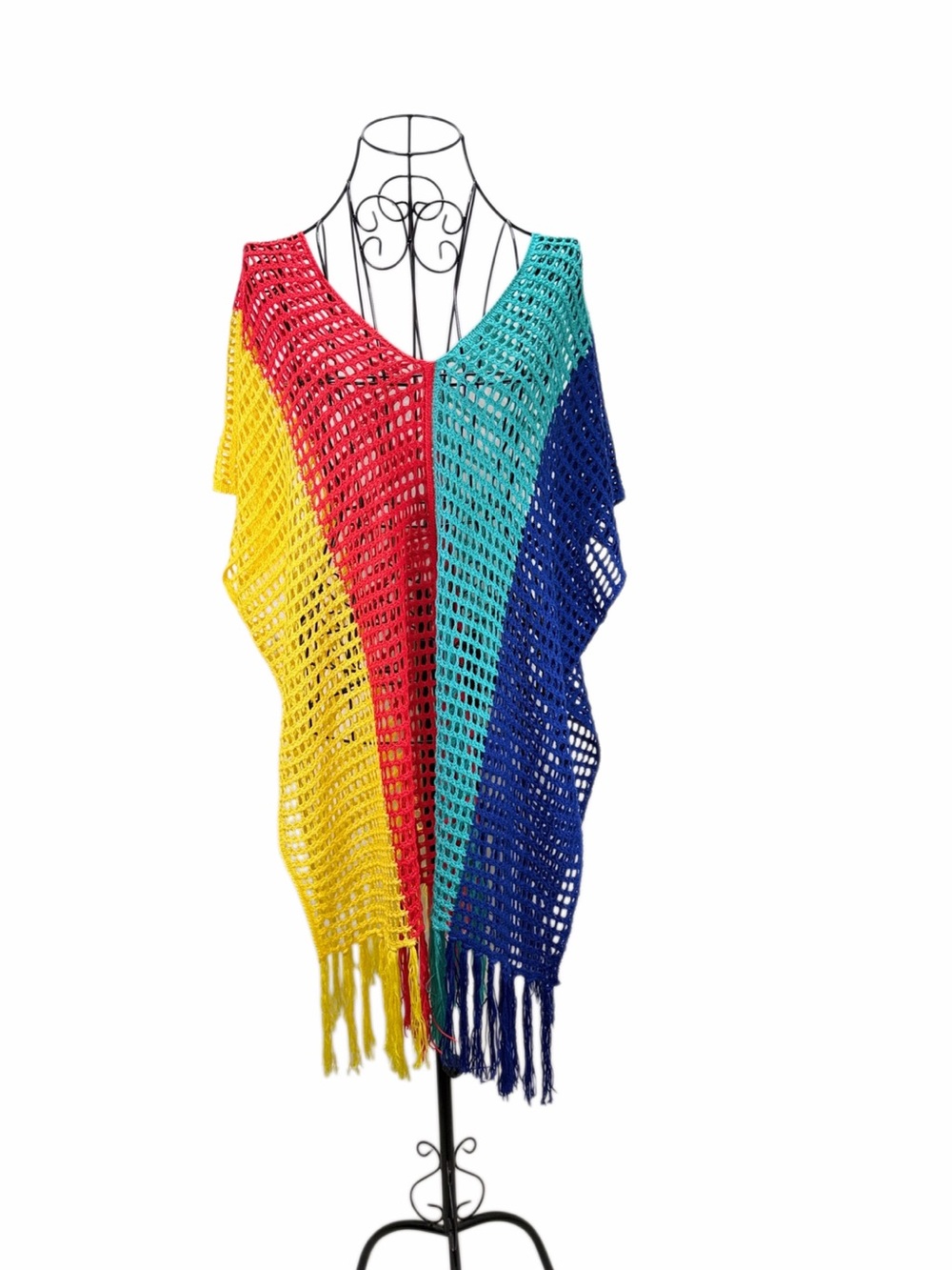 Rainbow Crochet Poncho One Size Boho Festival Beach Cover Up Fringe